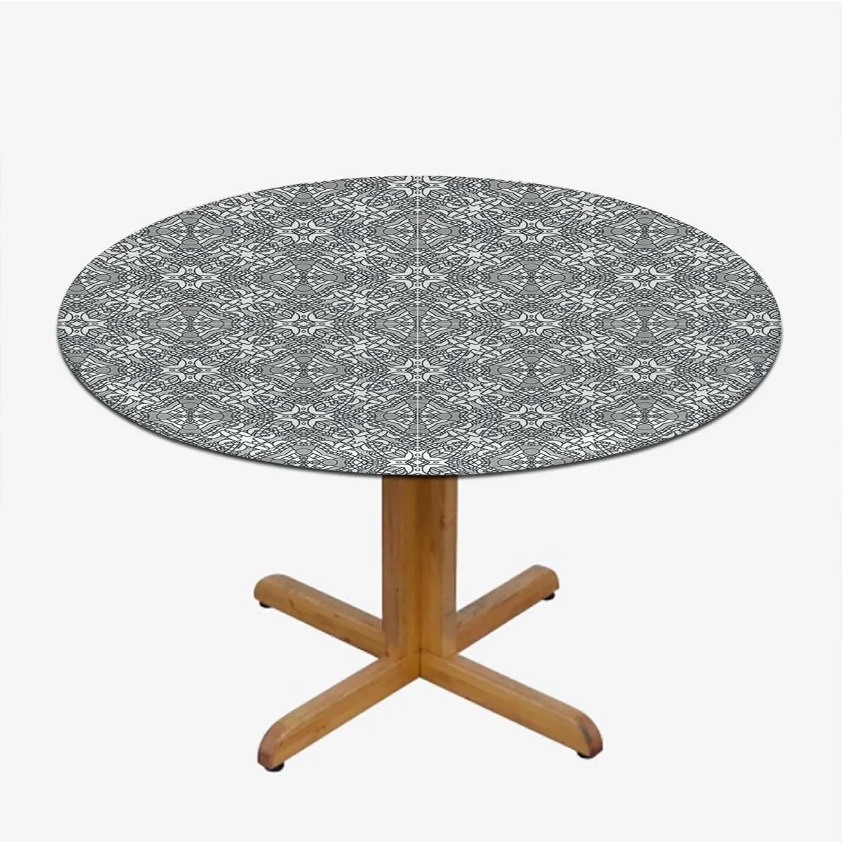 Grey Black Fitted Tablecloth for Round Table Flower Effect and Leaves Antique Design Elastic Edge, Waterproof and wipeable Floral Fits up 40"-44" Diameter Tables