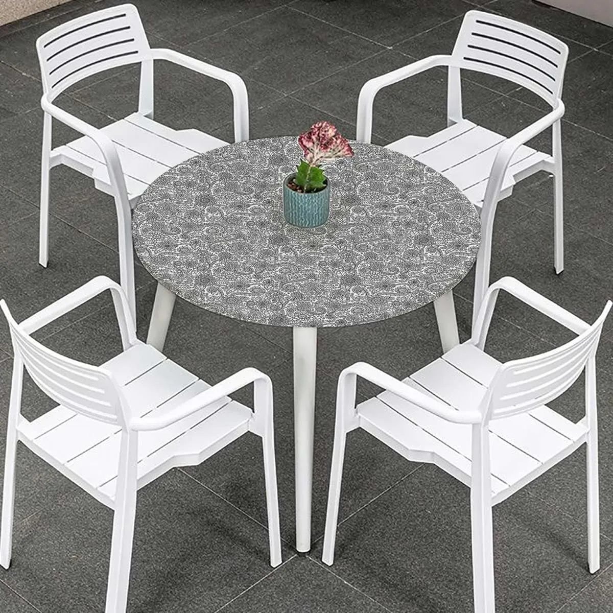 Grey Black Round Tablecloth with Elastic Edged Flower Effect and Leaves Antique Design Washable Spill Proof Table Covers Floral Fits up 45"-50" Diameter Tables
