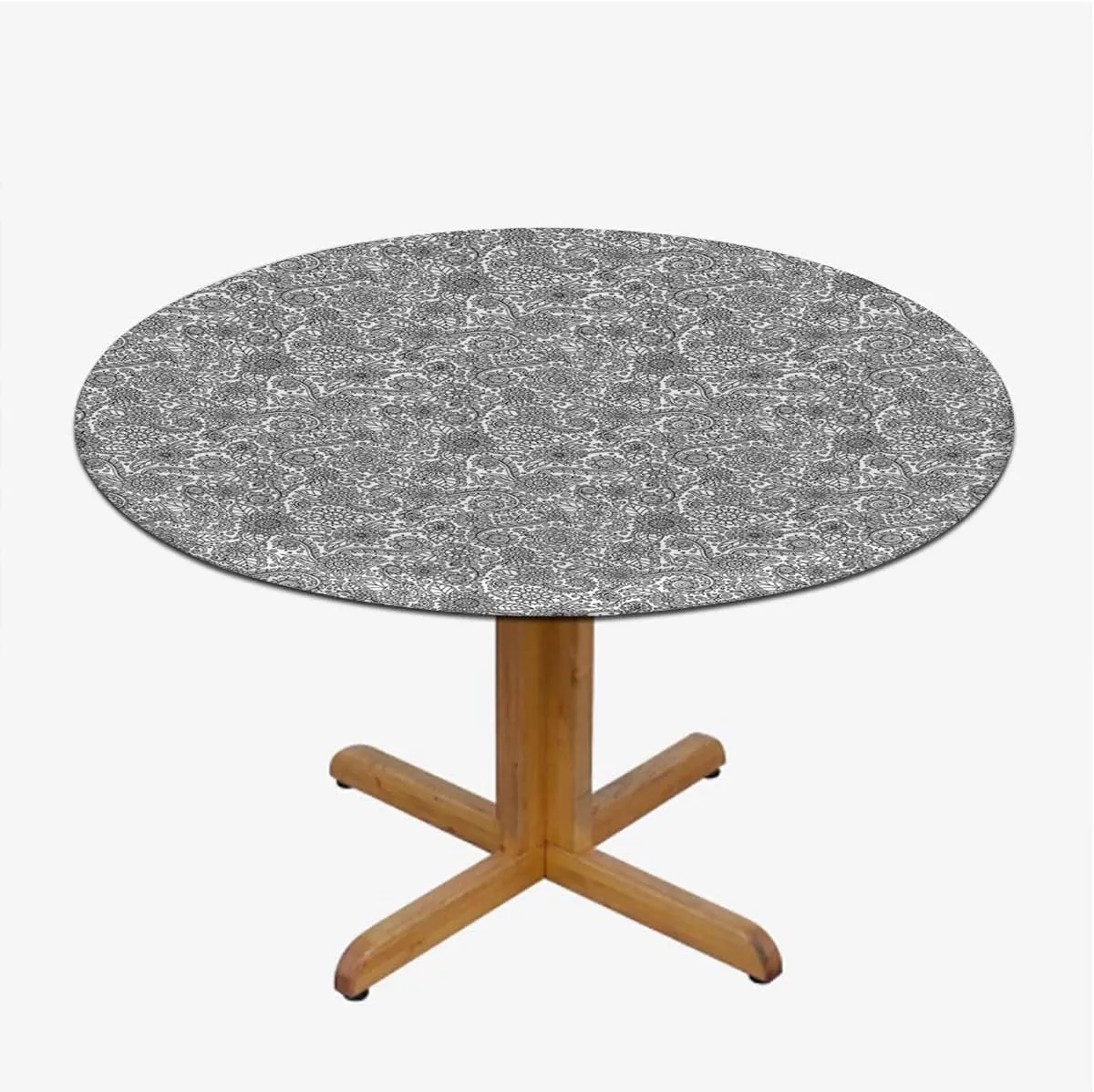 Grey Black Round Tablecloth with Elastic Edged Flower Effect and Leaves Antique Design Washable Spill Proof Table Covers Floral Fits up 45"-50" Diameter Tables