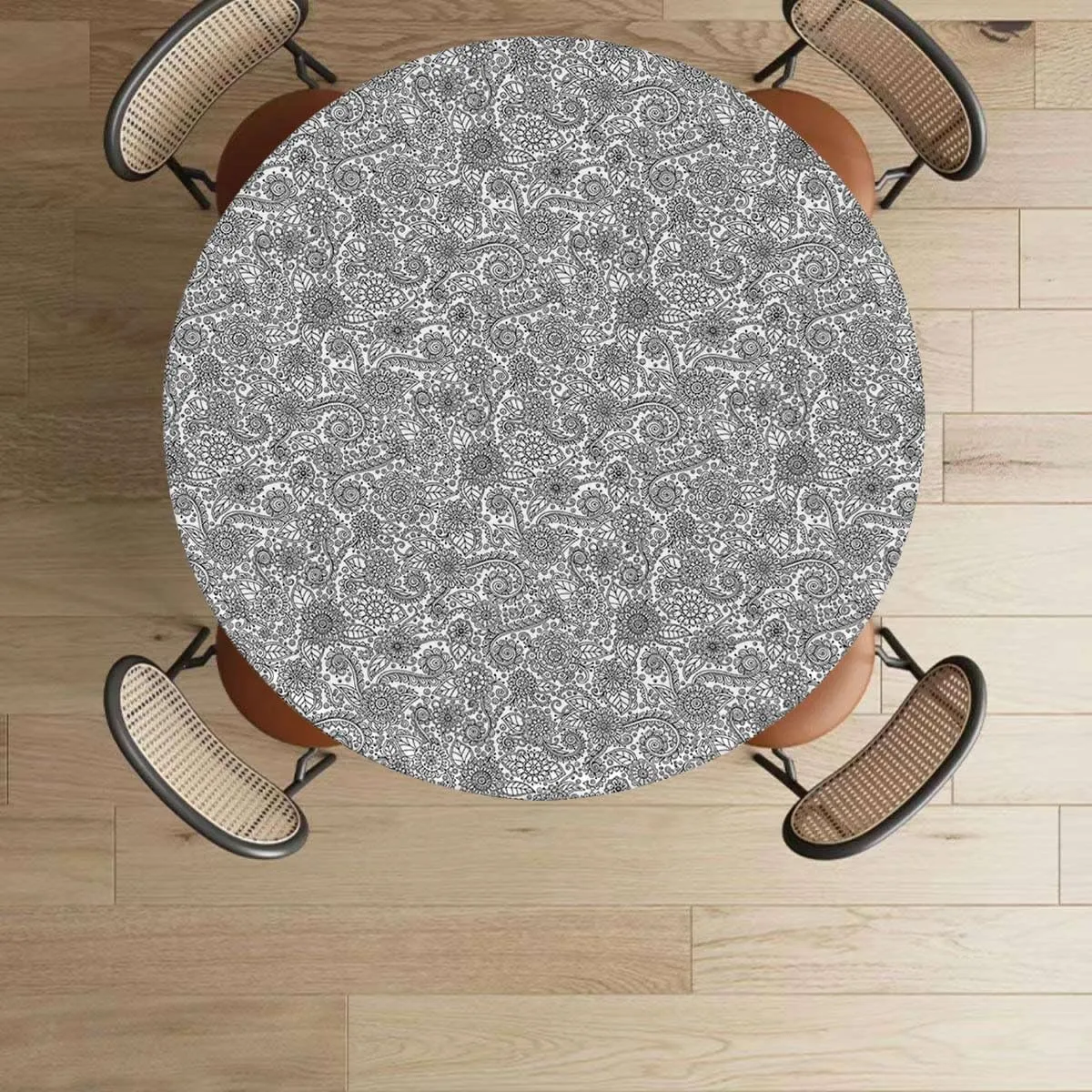 Grey Black Round Tablecloth with Elastic Edged Flower Effect and Leaves Antique Design Washable Spill Proof Table Covers Floral Fits up 45"-50" Diameter Tables