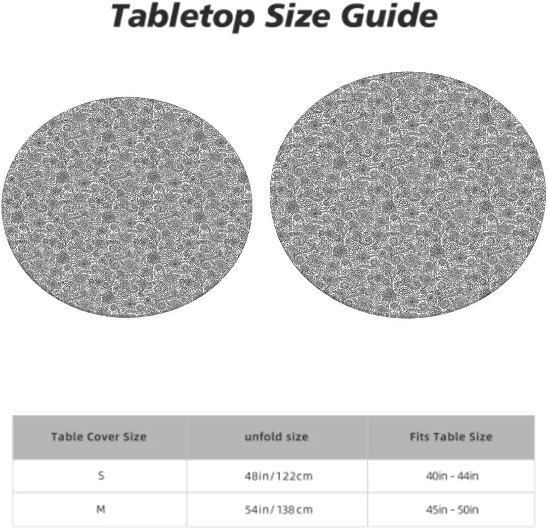 Grey Black Round Tablecloth with Elastic Edged Flower Effect and Leaves Antique Design Washable Spill Proof Table Covers Floral Fits up 45"-50" Diameter Tables