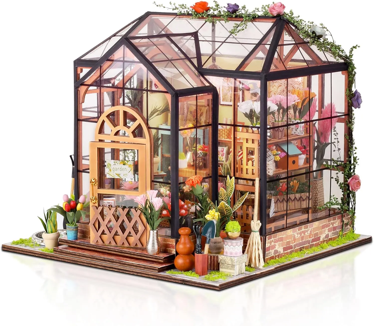 GuDoQi DIY Miniature Dollhouse Kit, Tiny House with Furniture, 1:24 Scale, Handmade Gift for Birthday Easter Day, Jenny Greenhouse Flower Shop