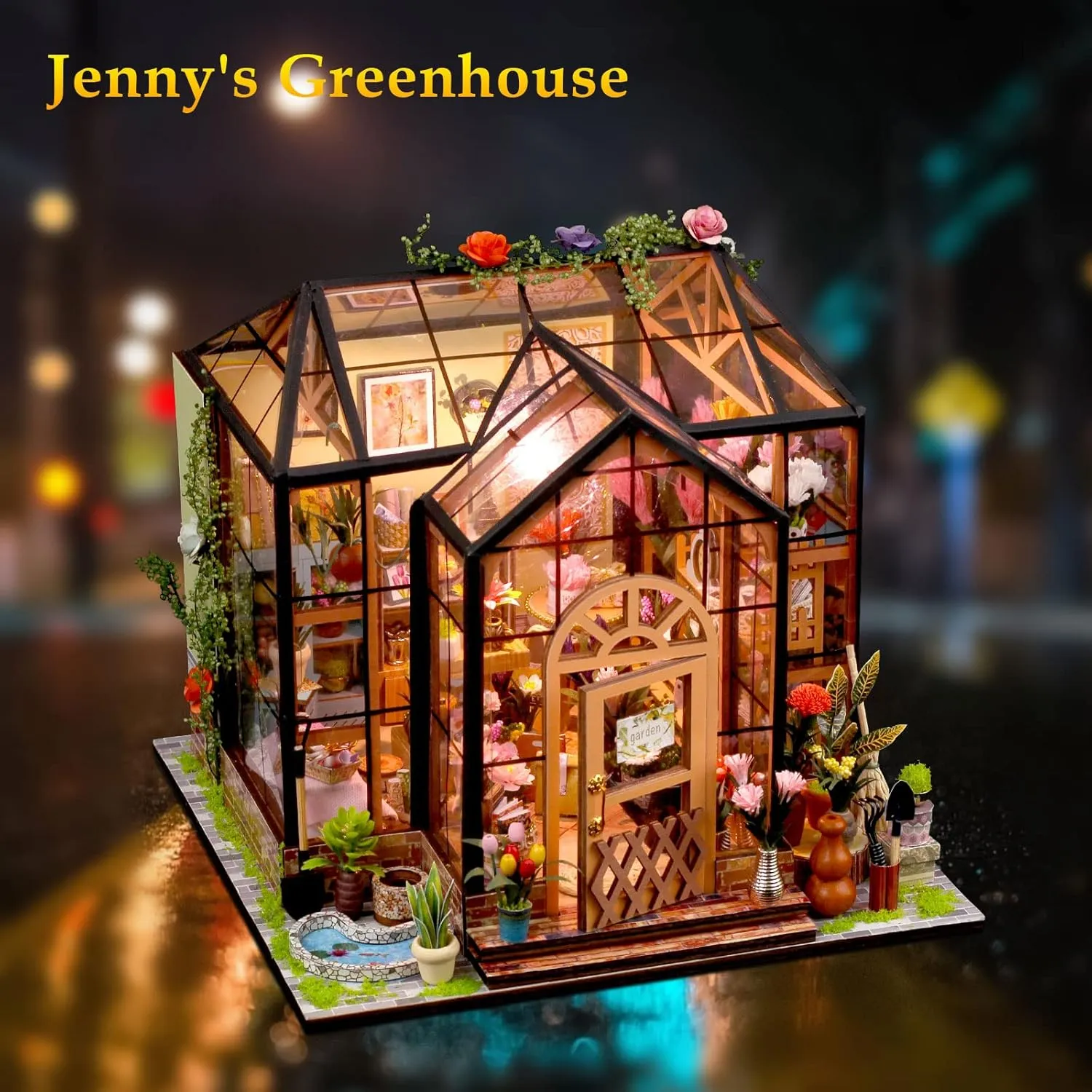 GuDoQi DIY Miniature Dollhouse Kit, Tiny House with Furniture, 1:24 Scale, Handmade Gift for Birthday Easter Day, Jenny Greenhouse Flower Shop