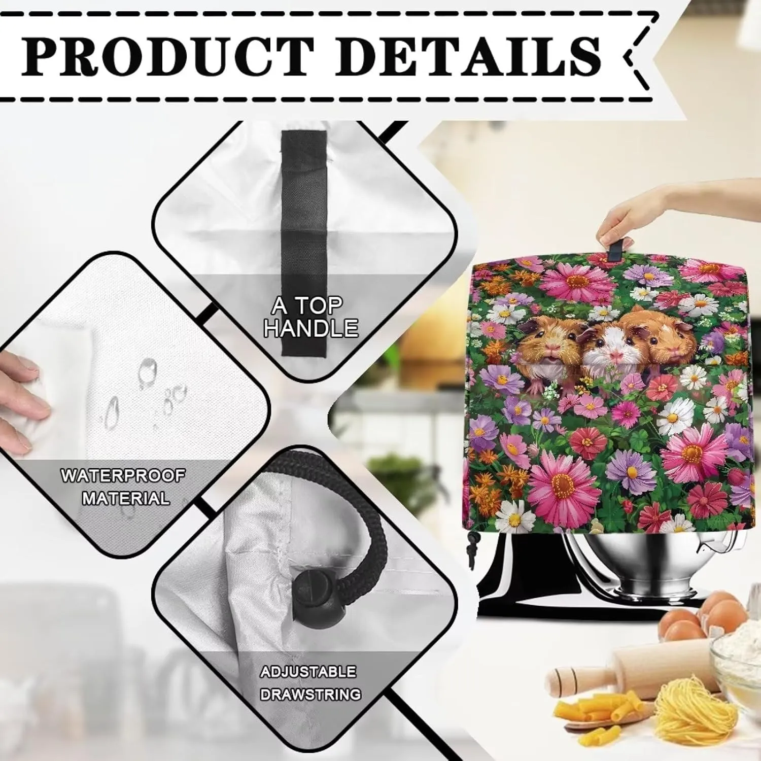 Guinea Pig Flower Stand Mixer Cover,Tilt-Head Kitchen Mixer Covers Blender Dust Cover Protect Case Handle,Home Kitchen Decoration,Waterproof Appliance Food Processor Bag