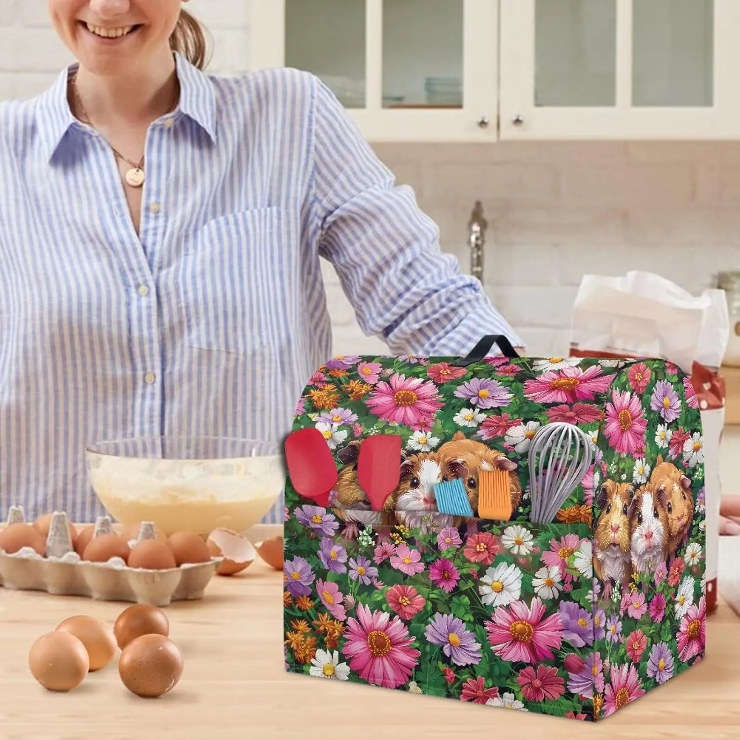 Guinea Pig Flower Stand Mixer Cover,Tilt-Head Kitchen Mixer Covers Blender Dust Cover Protect Case Handle,Home Kitchen Decoration,Waterproof Appliance Food Processor Bag
