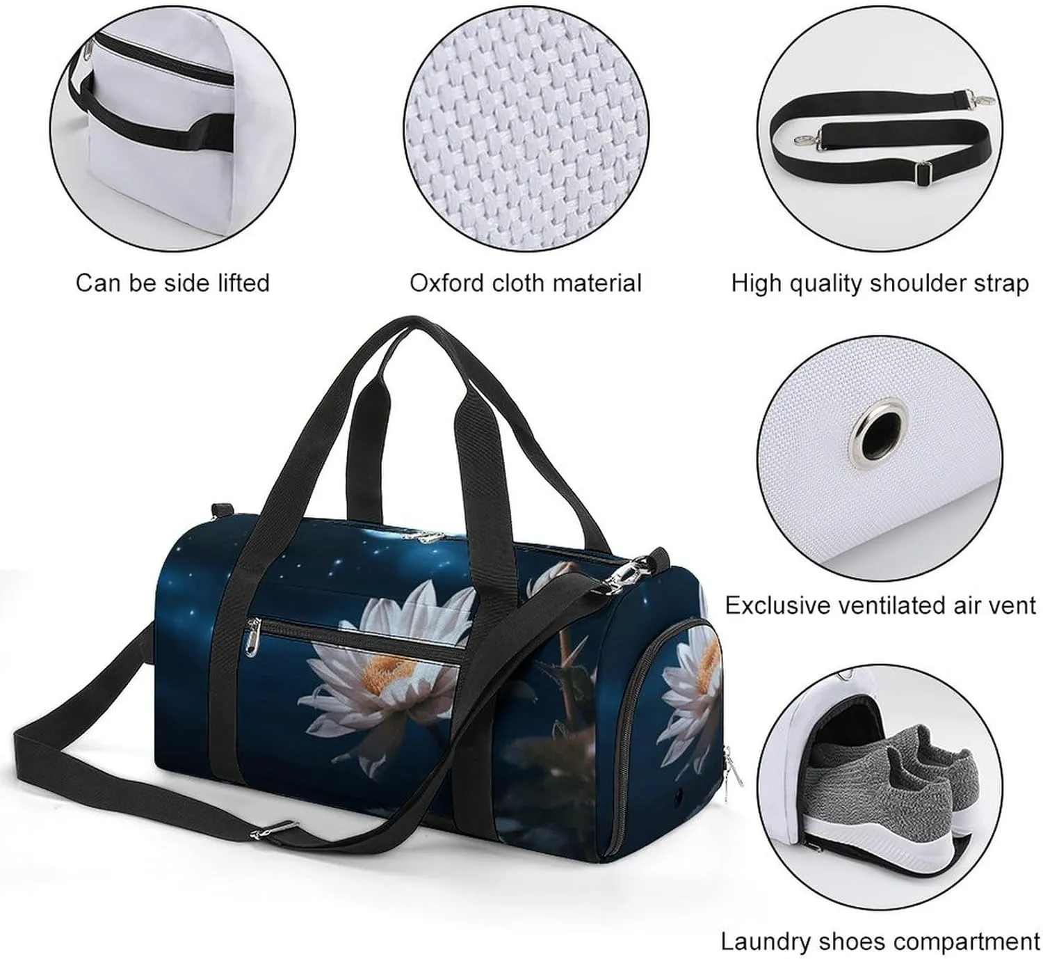 Gym Bag Flower And Moon Duffel Bag for Men Women Overnight Bag with Shoe Compartment Workout Bags