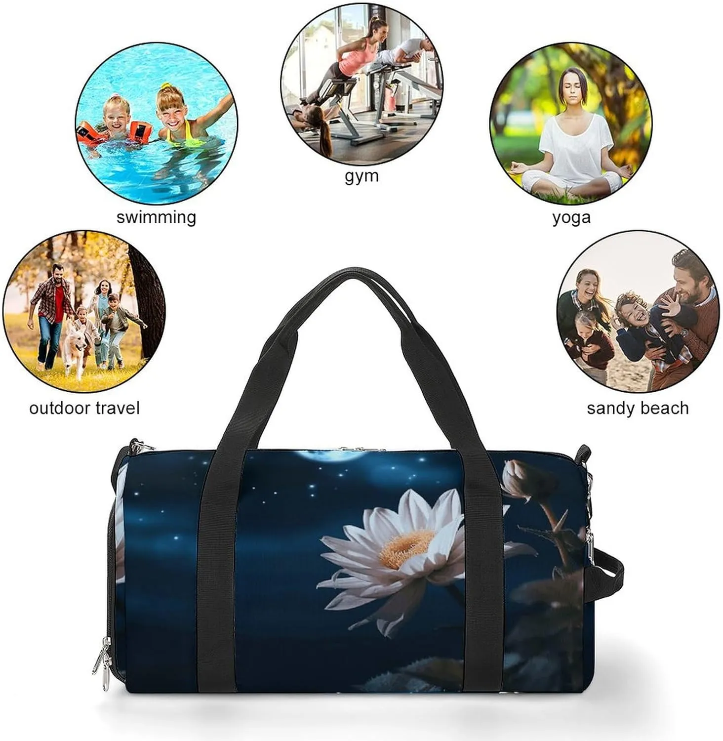 Gym Bag Flower And Moon Duffel Bag for Men Women Overnight Bag with Shoe Compartment Workout Bags