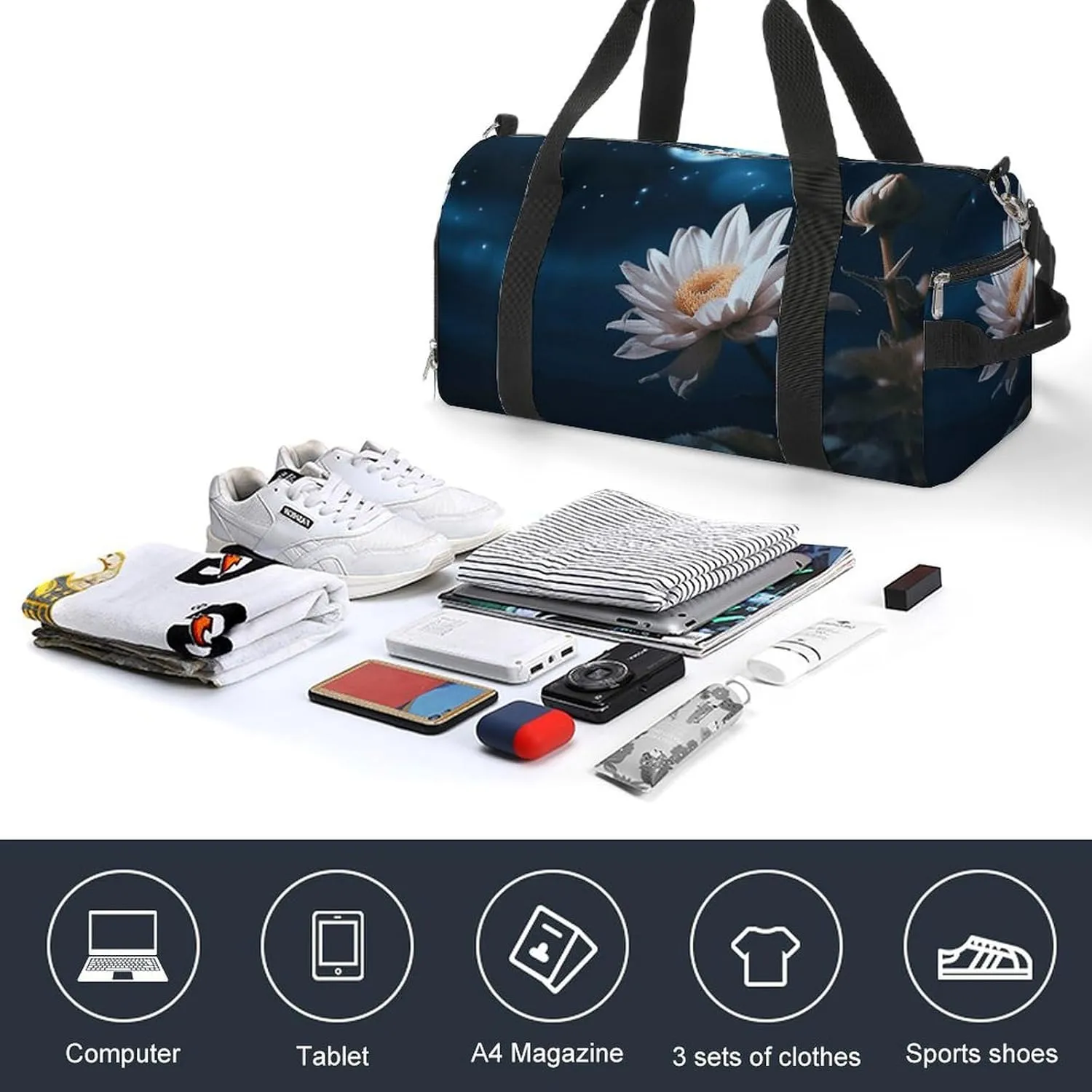 Gym Bag Flower And Moon Duffel Bag for Men Women Overnight Bag with Shoe Compartment Workout Bags