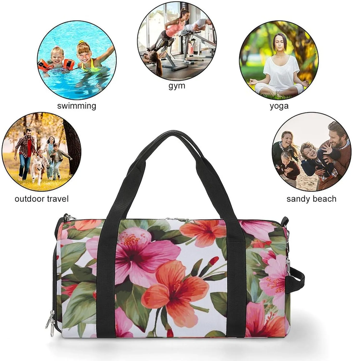 Gym Bag Hawaiian Flower Print Duffel Bag for Men Women Overnight Bag with Shoe Compartment Workout Bags