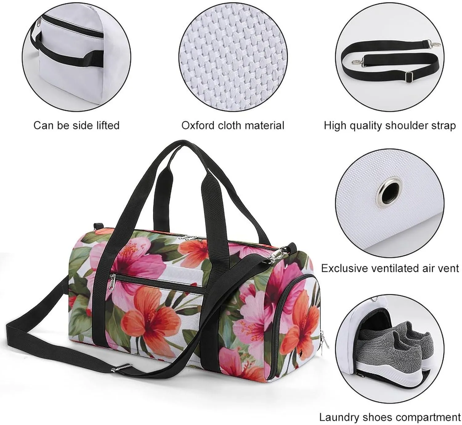 Gym Bag Hawaiian Flower Print Duffel Bag for Men Women Overnight Bag with Shoe Compartment Workout Bags