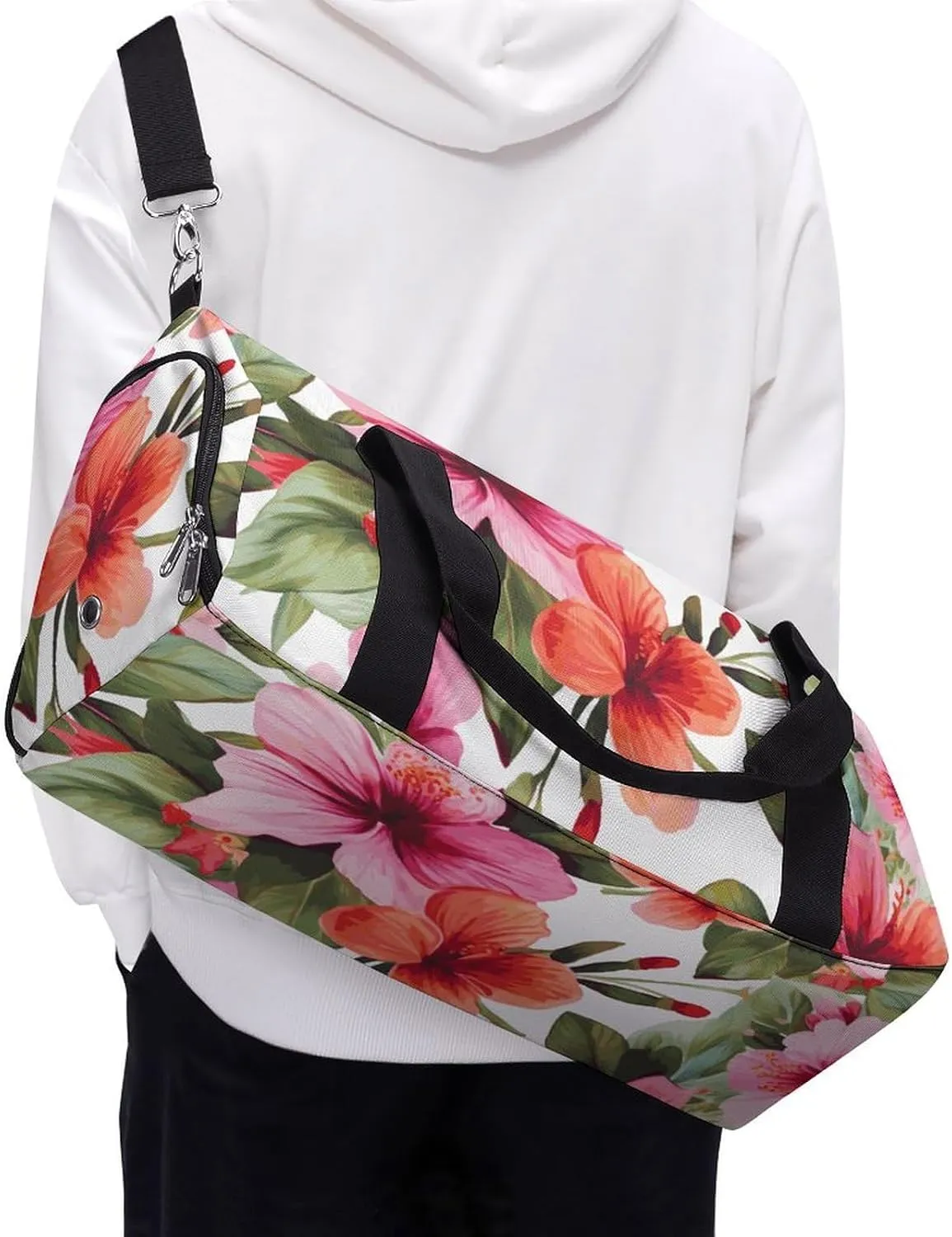 Gym Bag Hawaiian Flower Print Duffel Bag for Men Women Overnight Bag with Shoe Compartment Workout Bags