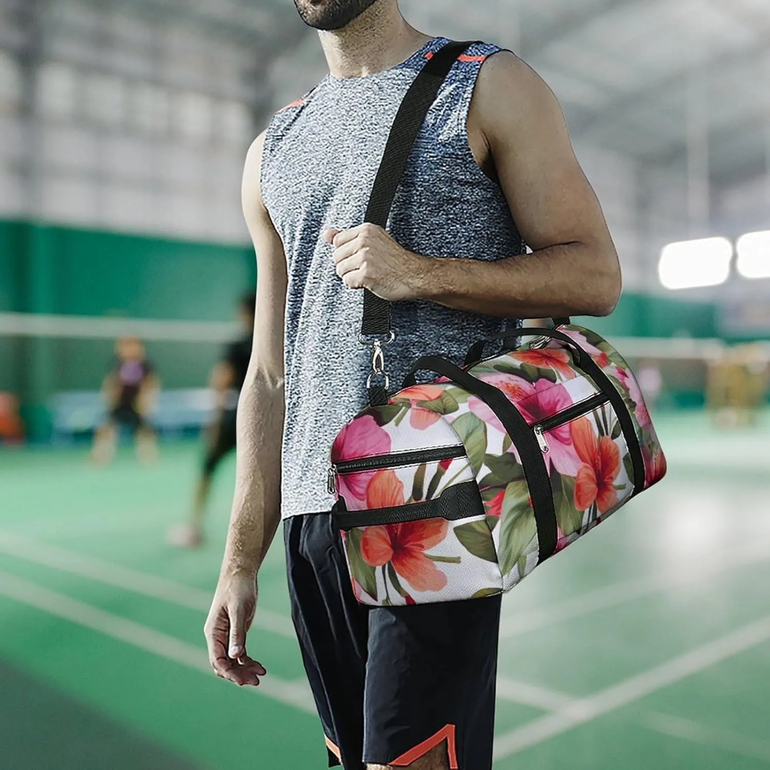 Gym Bag Hawaiian Flower Print Duffel Bag for Men Women Overnight Bag with Shoe Compartment Workout Bags