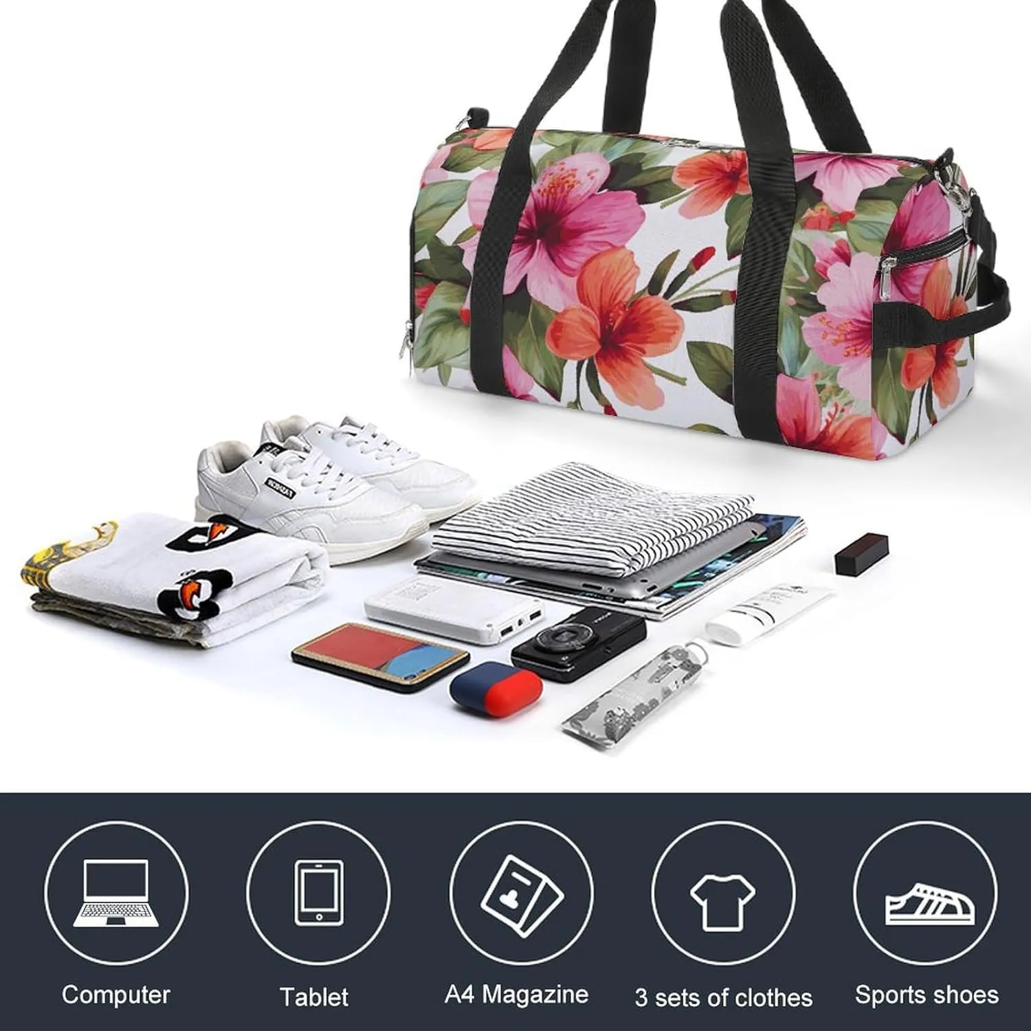 Gym Bag Hawaiian Flower Print Duffel Bag for Men Women Overnight Bag with Shoe Compartment Workout Bags