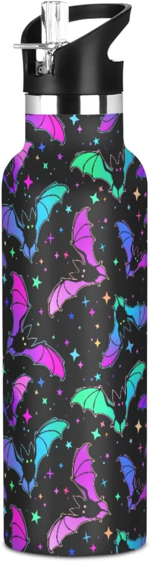 Halloween Colorful Bats Water Bottle Kids With Straw Lid Insulated Stainless Steel Travel Mugs for Sport Gym Outdoor 20oz