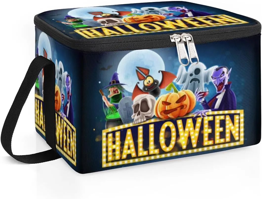 Halloween Topic Insulated Lunch Bag for Women Men Adult Waterproof Leakproof Freezable Cooler Tote Bag Reusable Thermal Square Lunch Box for Work Office Picnic Beach