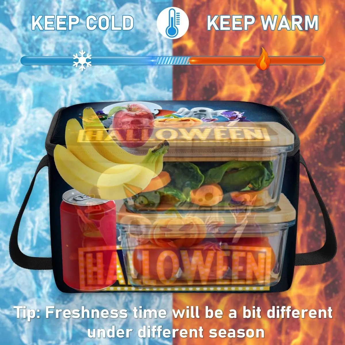 Halloween Topic Insulated Lunch Bag for Women Men Adult Waterproof Leakproof Freezable Cooler Tote Bag Reusable Thermal Square Lunch Box for Work Office Picnic Beach