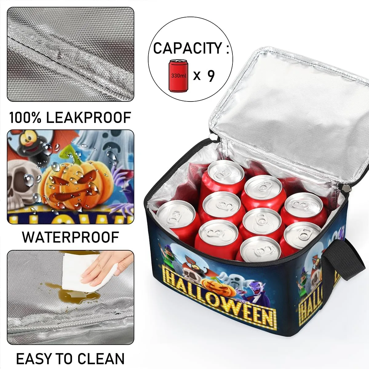 Halloween Topic Insulated Lunch Bag for Women Men Adult Waterproof Leakproof Freezable Cooler Tote Bag Reusable Thermal Square Lunch Box for Work Office Picnic Beach