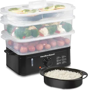 Hamilton Beach Electric Food Steamer, Rice Cooker & Egg Boiler for Quick, Fast Healthy Cooking with Stackable Three-Tier Bowls for Vegetables and Seafood, 9.5 Quarts, Black (37430)