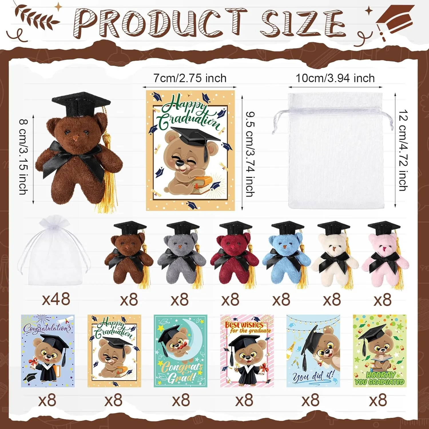 Hanaive 48 Set Mini Graduation Stuffed Bears Bulk 3'' Plush Bear Class of 2025 Stuffed Animal with Cap Tie Grad Card Organza Bag for Kindergarten high School College Elementary Graduation Gifts