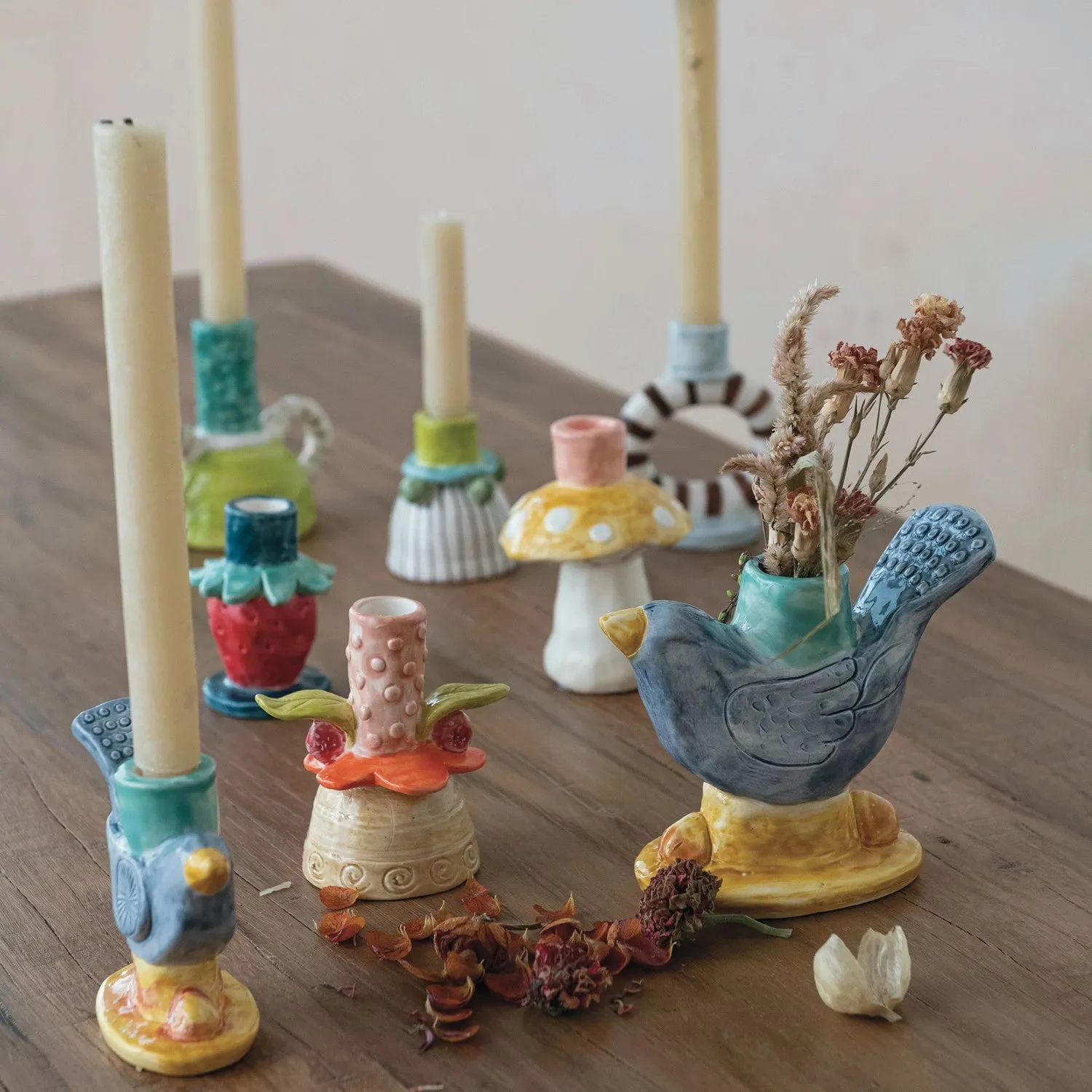 HAND-PAINTED STONEWARE BIRD TAPER HOLDER (EACH ONE WILL VARY) ©