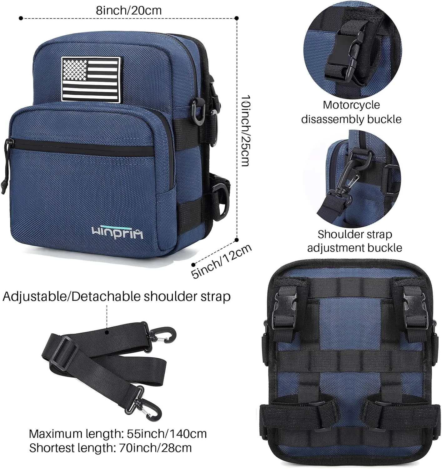 Handlebar Storage Bag for Motorcycles – Waterproof 1680D Utility Pouch with Flag Patch – Small Size for Crossbar or Shoulder Use (1680D Blue)