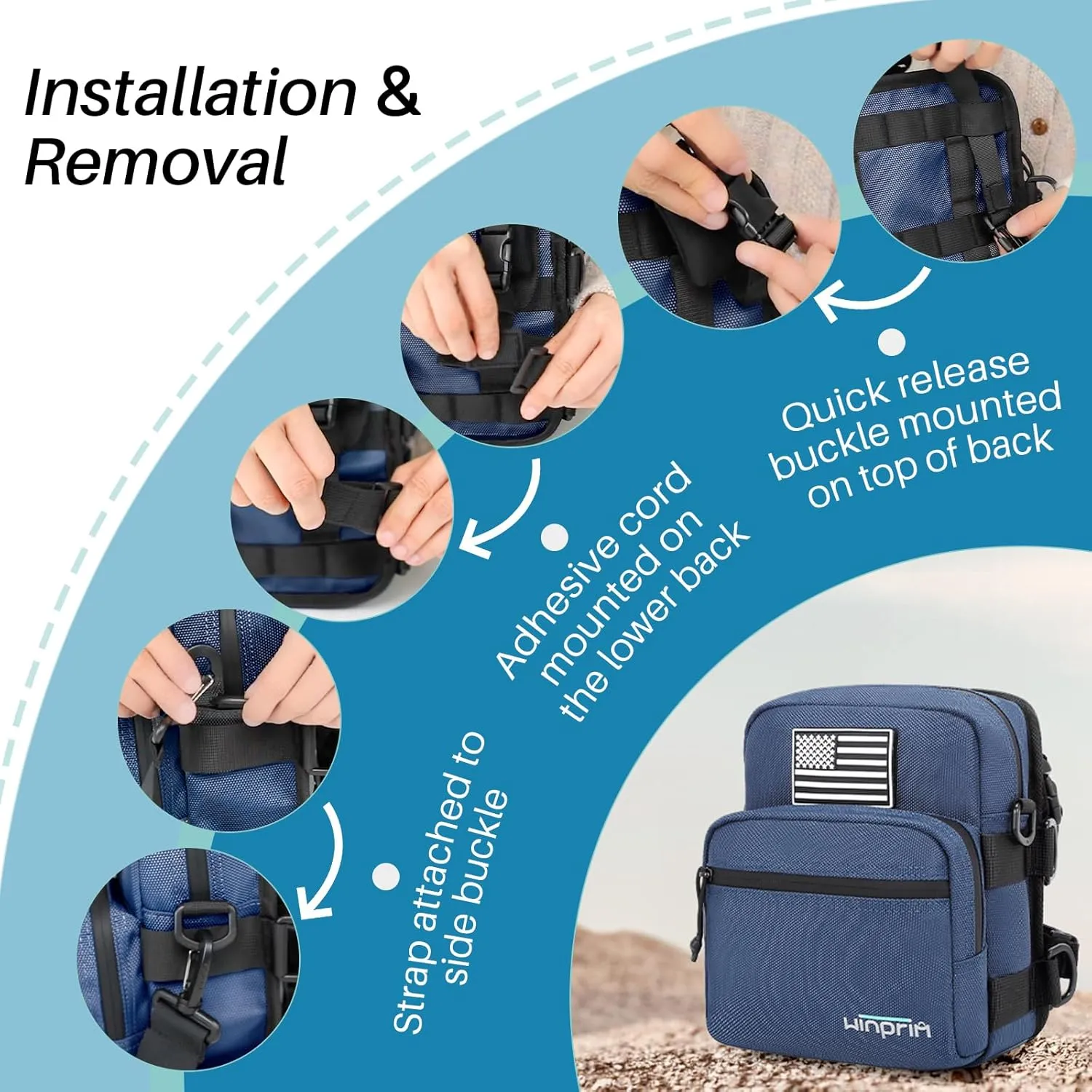 Handlebar Storage Bag for Motorcycles – Waterproof 1680D Utility Pouch with Flag Patch – Small Size for Crossbar or Shoulder Use (1680D Blue)