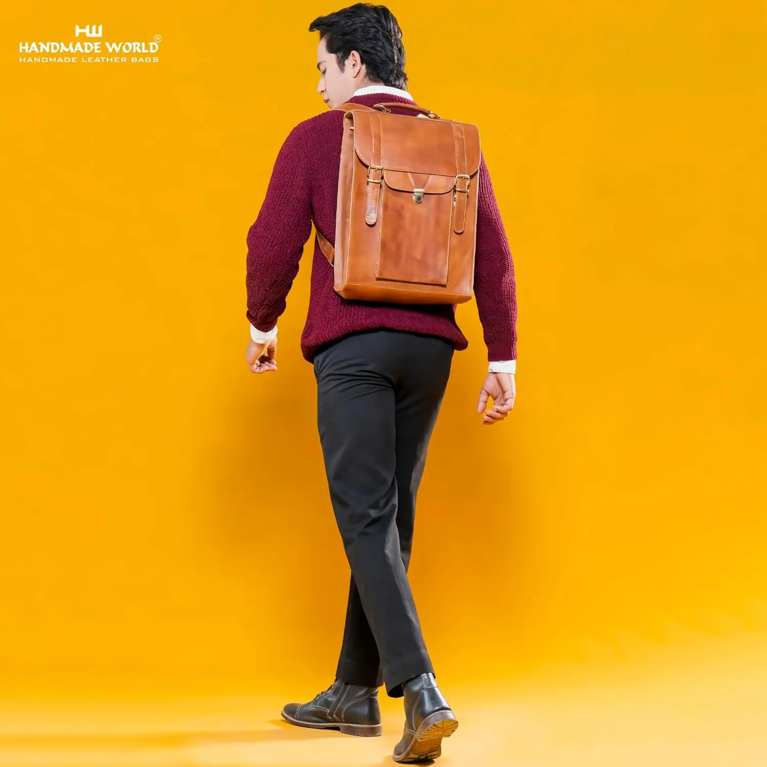 Handmade World Leather Backpack Convertible To Vertical Messenger Computer Bag 'The Edward' Fits 17 Inch Laptop For Business (Brown)