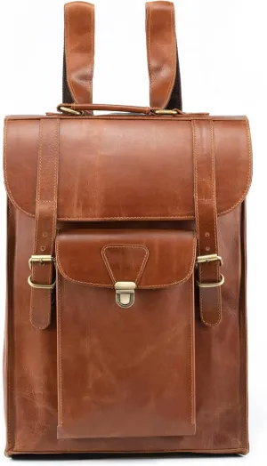 Handmade World Leather Backpack Convertible To Vertical Messenger Computer Bag 'The Edward' Fits 17 Inch Laptop For Business (Brown)