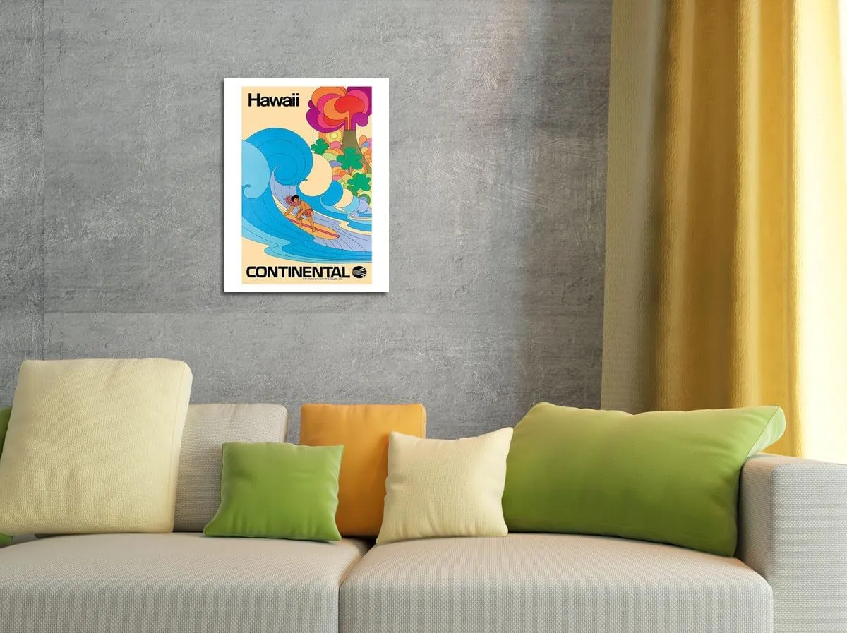 Hawaii - Hawaiian Surfer - Psychedelic Flower Power Art - Continental Airlines - Vintage Airline Travel Poster c.1960s - Master Art Print (Unframed) 9in x 12in