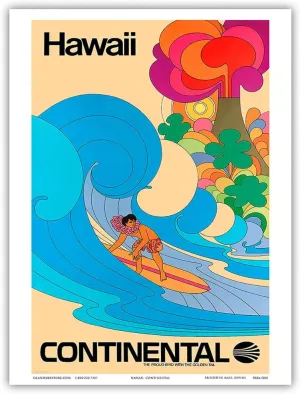 Hawaii - Hawaiian Surfer - Psychedelic Flower Power Art - Continental Airlines - Vintage Airline Travel Poster c.1960s - Master Art Print (Unframed) 9in x 12in