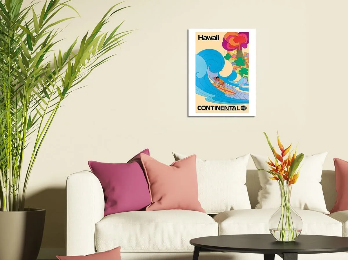 Hawaii - Hawaiian Surfer - Psychedelic Flower Power Art - Continental Airlines - Vintage Airline Travel Poster c.1960s - Master Art Print (Unframed) 9in x 12in