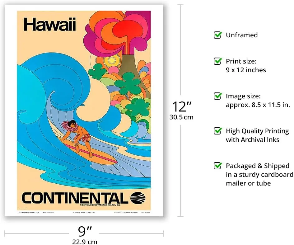 Hawaii - Hawaiian Surfer - Psychedelic Flower Power Art - Continental Airlines - Vintage Airline Travel Poster c.1960s - Master Art Print (Unframed) 9in x 12in