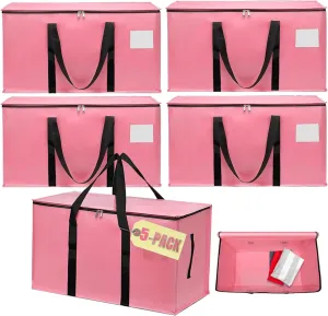 Heavy Duty Extra Large Moving Bags 5Pack Strong Handles & Zippers Moisture-Proof Storage Tote Bag, Storage Totes For Space Saving, Fold Flat, Packing Bags & Moving Supplies for College Dorm（Pink)
