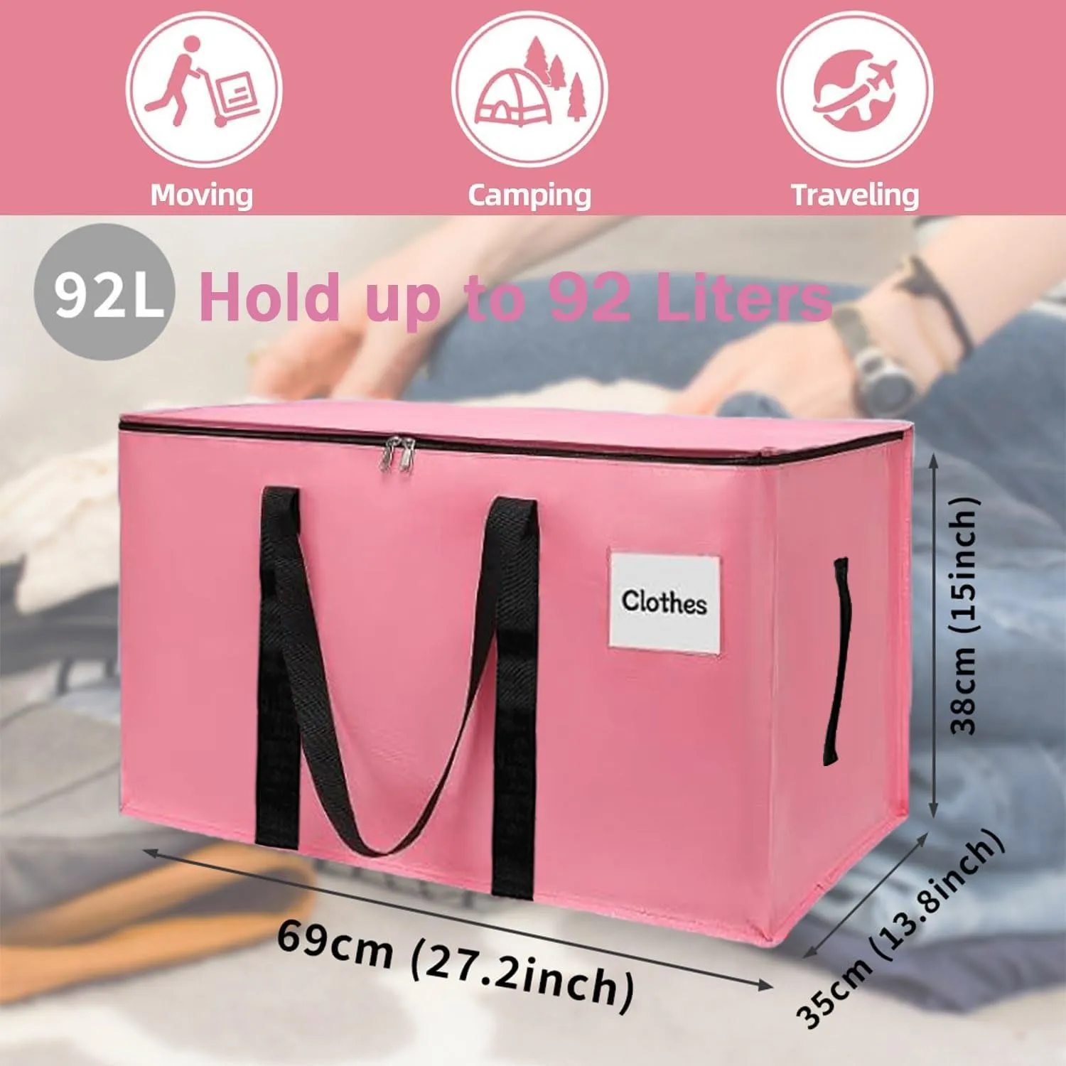 Heavy Duty Extra Large Moving Bags 5Pack Strong Handles & Zippers Moisture-Proof Storage Tote Bag, Storage Totes For Space Saving, Fold Flat, Packing Bags & Moving Supplies for College Dorm（Pink)
