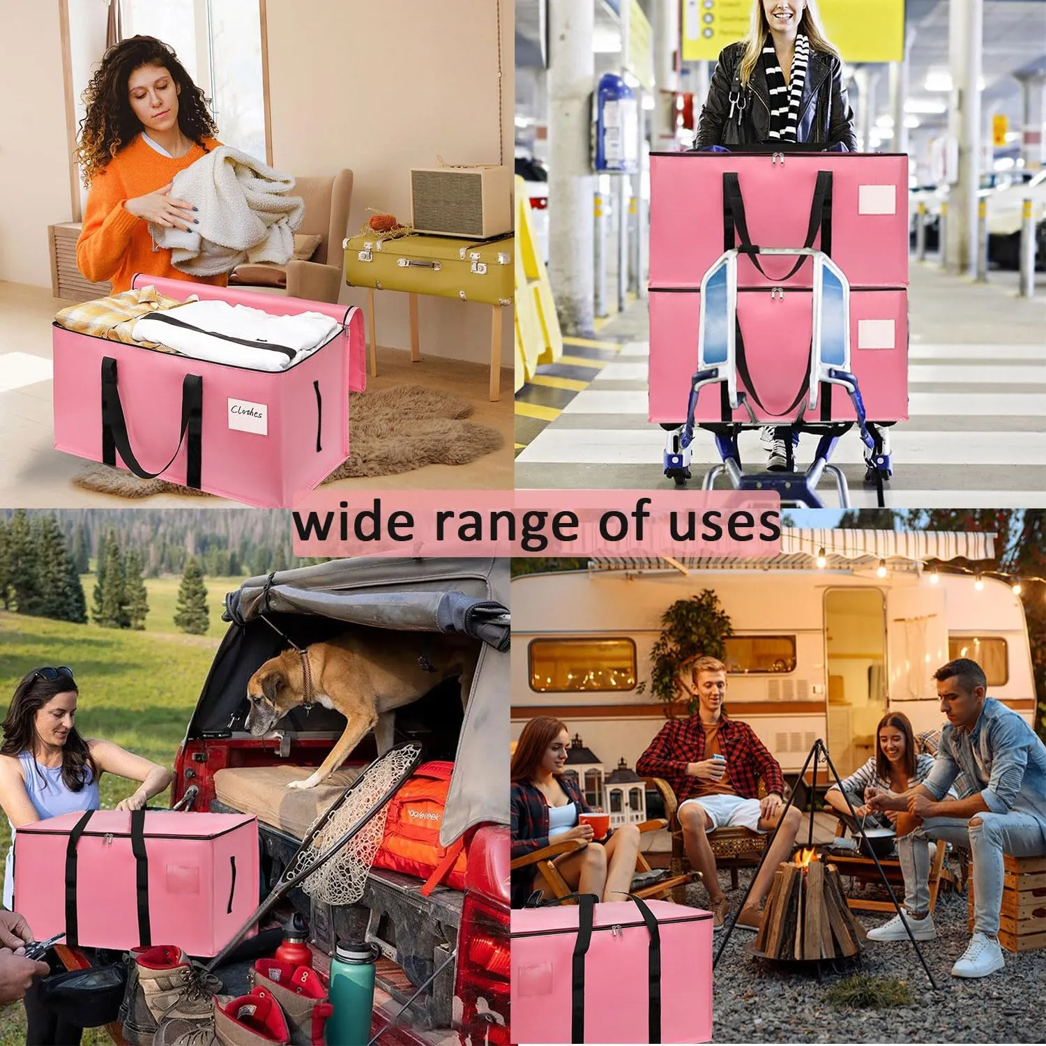 Heavy Duty Extra Large Moving Bags 5Pack Strong Handles & Zippers Moisture-Proof Storage Tote Bag, Storage Totes For Space Saving, Fold Flat, Packing Bags & Moving Supplies for College Dorm（Pink)