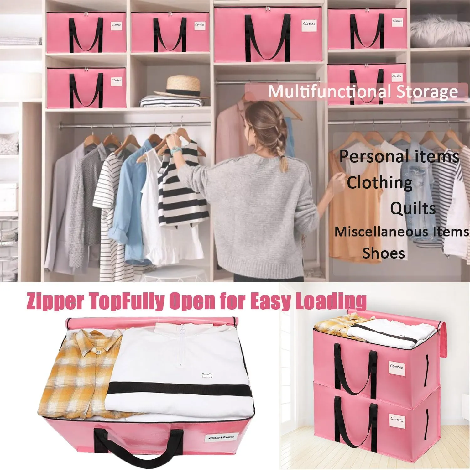 Heavy Duty Extra Large Moving Bags 5Pack Strong Handles & Zippers Moisture-Proof Storage Tote Bag, Storage Totes For Space Saving, Fold Flat, Packing Bags & Moving Supplies for College Dorm（Pink)