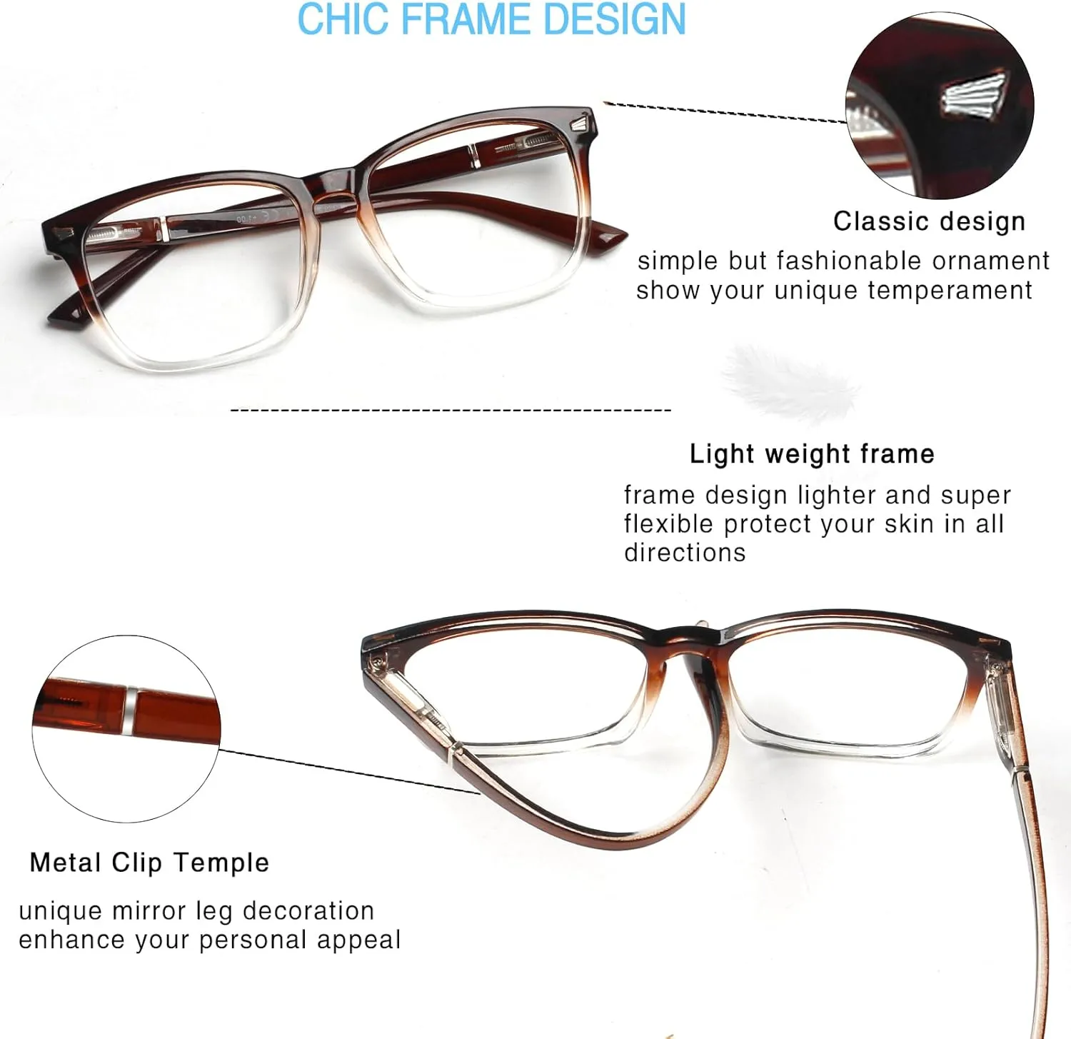 Henotin 4-Pack Blue Light Blocking Reading Glasses Women Men,Spring Hinge Computer Readers,Anti UV Ray Square Nerd Eyeglasses (Mixed Color-A, 0.50)