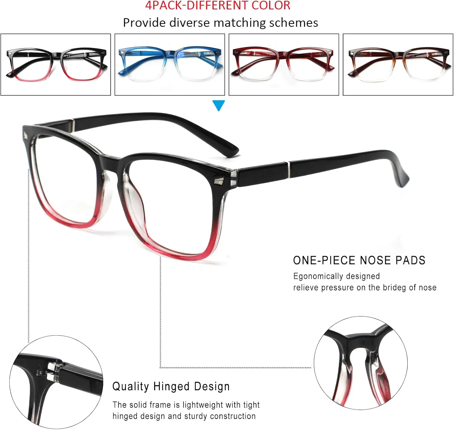 Henotin 4-Pack Blue Light Blocking Reading Glasses Women Men,Spring Hinge Computer Readers,Anti UV Ray Square Nerd Eyeglasses (Mixed Color-A, 0.50)