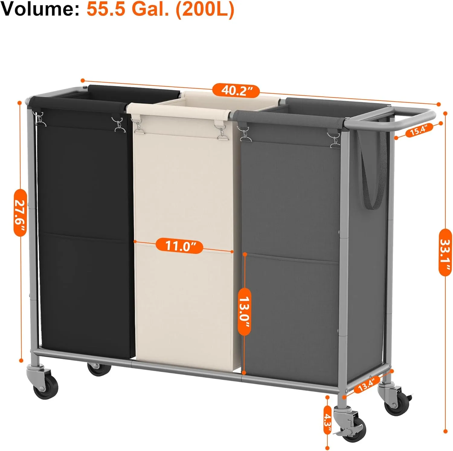 Heybly Laundry Basket,3 x 18.5 Gal Laundry Separator Hamper with Heavy Duty Rolling Wheels,Laundry Divider Sorter with Removable Bags for Dirty Clothes Storage, 40.2 x 15.4 x 33.1 Inches HLH022P03