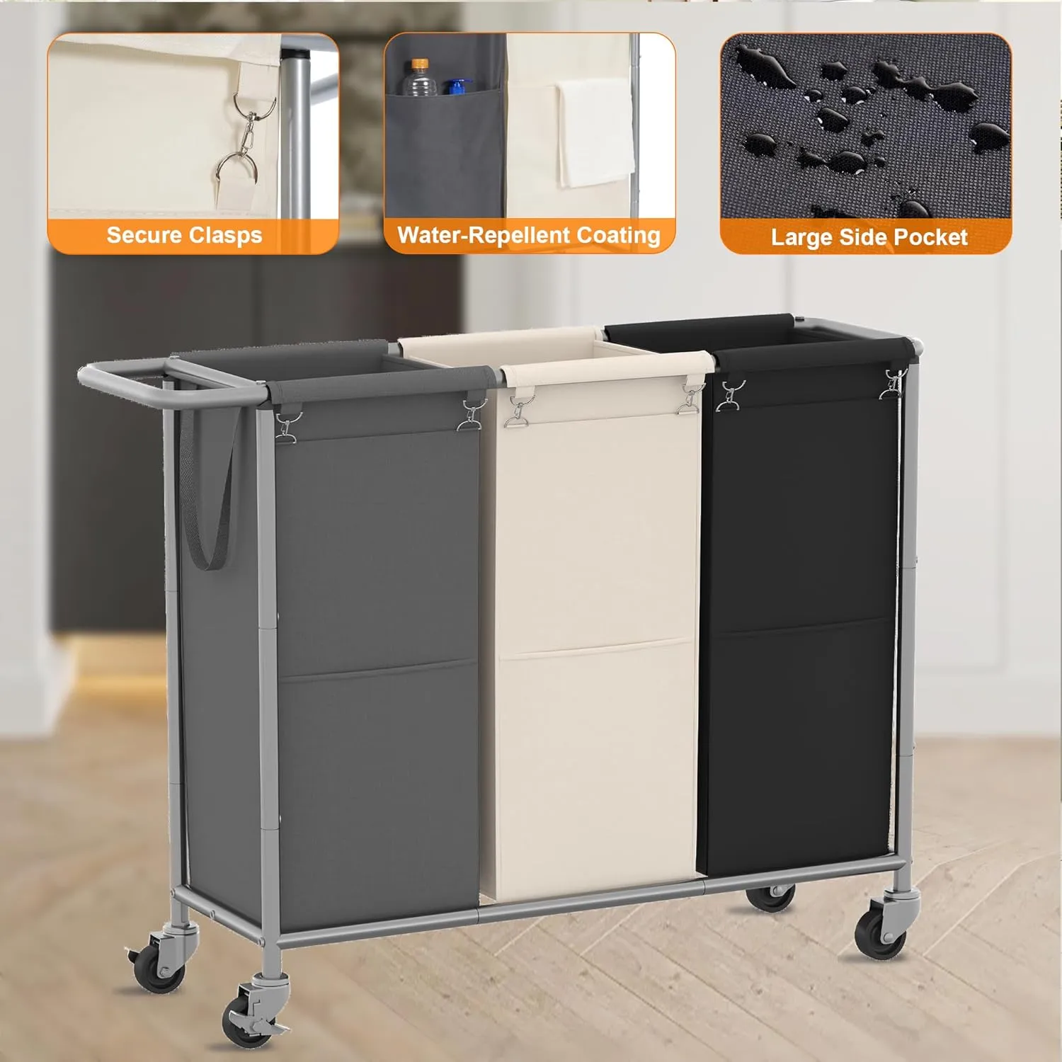 Heybly Laundry Basket,3 x 18.5 Gal Laundry Separator Hamper with Heavy Duty Rolling Wheels,Laundry Divider Sorter with Removable Bags for Dirty Clothes Storage, 40.2 x 15.4 x 33.1 Inches HLH022P03