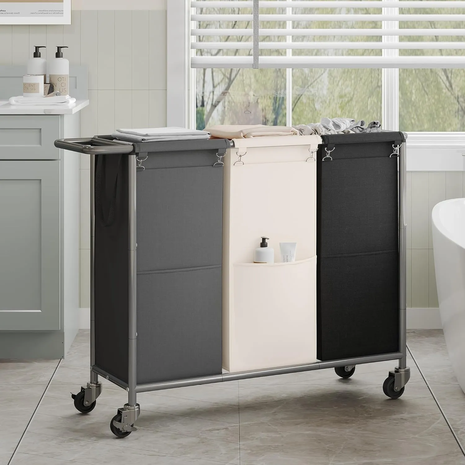 Heybly Laundry Basket,3 x 18.5 Gal Laundry Separator Hamper with Heavy Duty Rolling Wheels,Laundry Divider Sorter with Removable Bags for Dirty Clothes Storage, 40.2 x 15.4 x 33.1 Inches HLH022P03