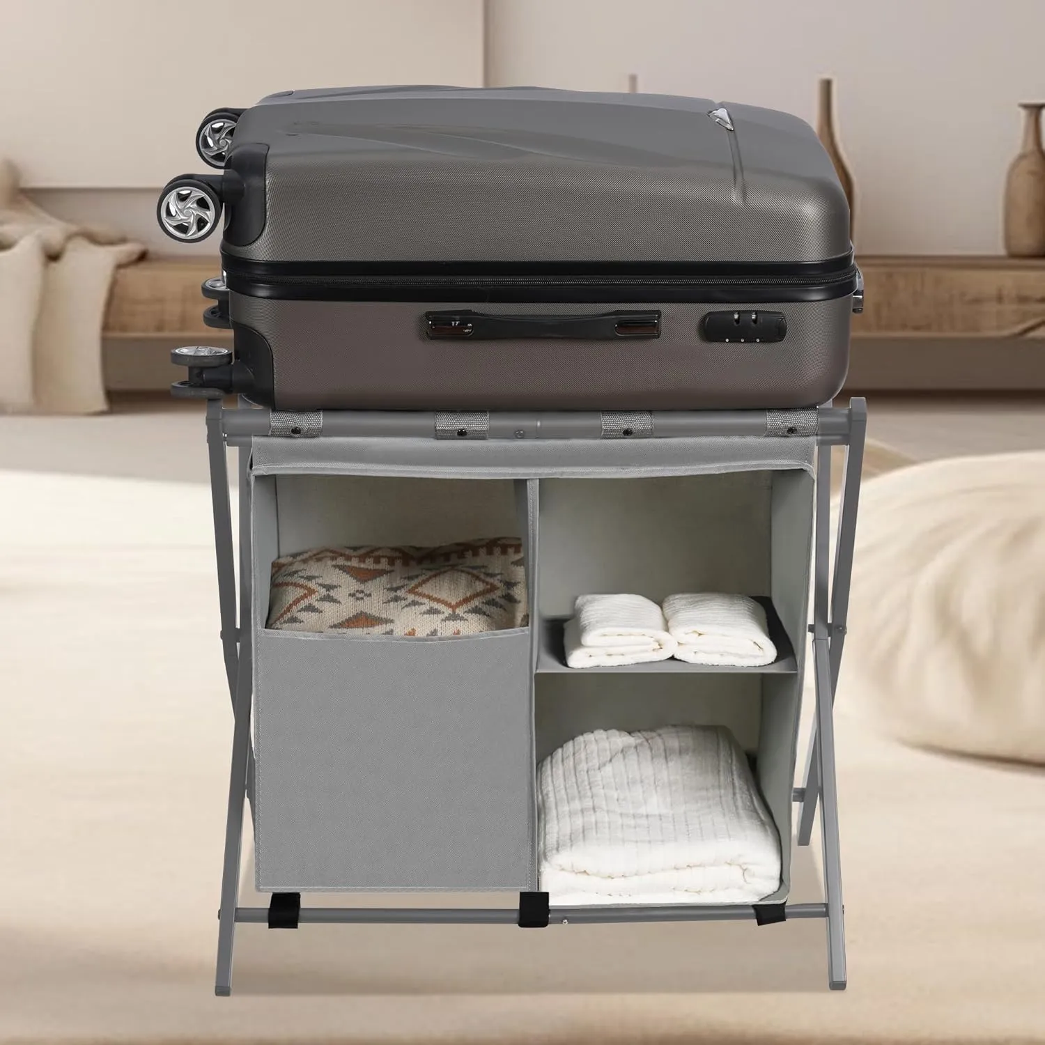 Heybly Luggage Rack with Laundry Bag,Pack of 2,Steel Folding Suitcase Stand with Storage Shelf for Bedroom, Hotel, Foldable Steel Frame, Gray,HLR006G2