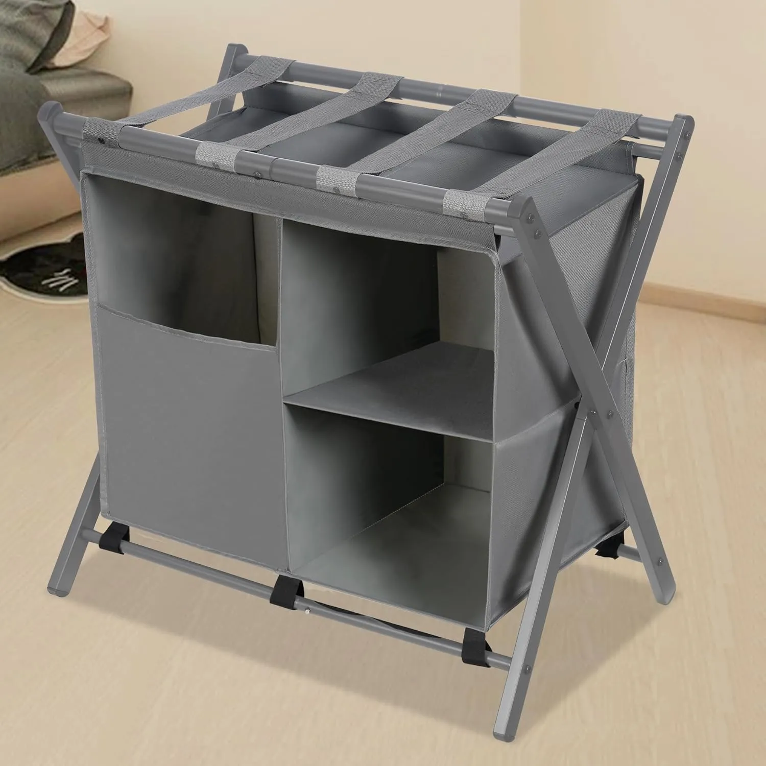 Heybly Luggage Rack with Laundry Bag,Pack of 2,Steel Folding Suitcase Stand with Storage Shelf for Bedroom, Hotel, Foldable Steel Frame, Gray,HLR006G2
