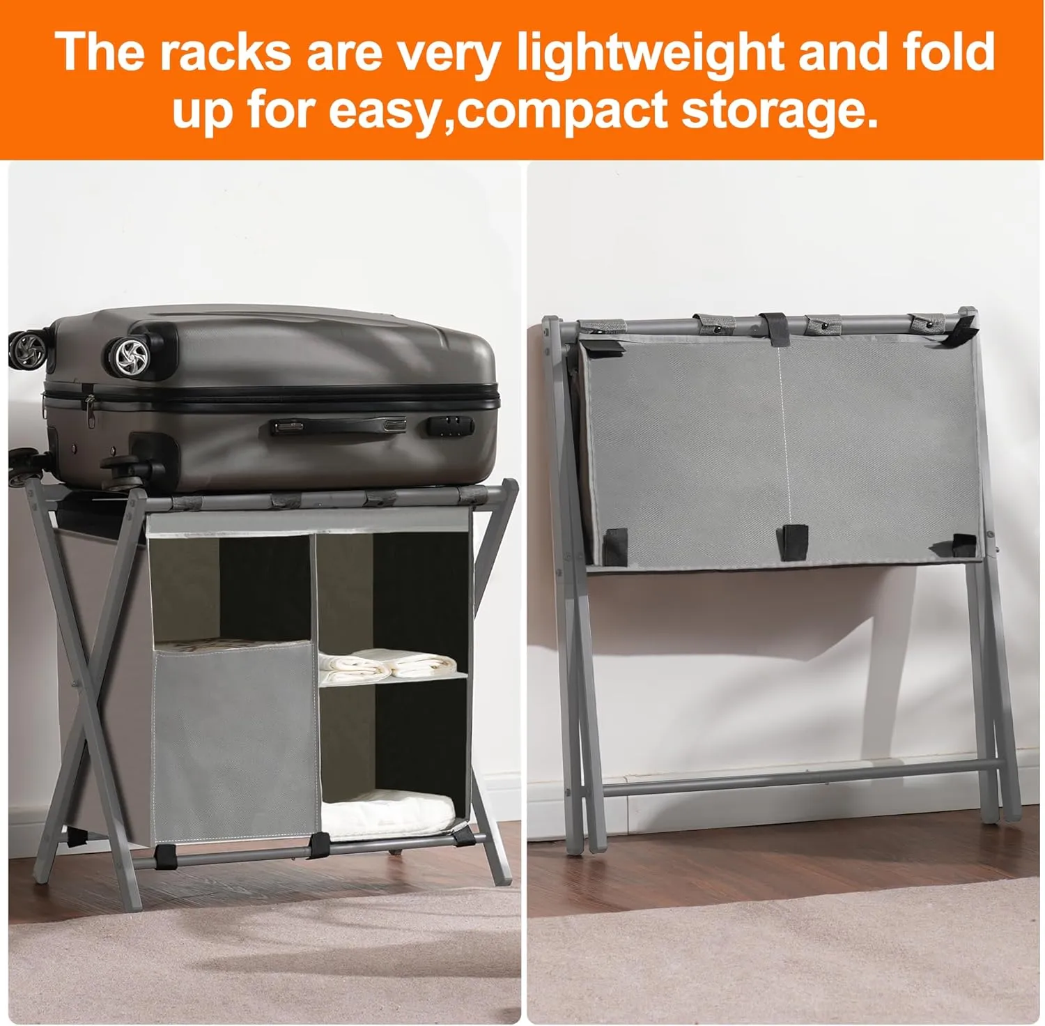 Heybly Luggage Rack with Laundry Bag,Pack of 2,Steel Folding Suitcase Stand with Storage Shelf for Bedroom, Hotel, Foldable Steel Frame, Gray,HLR006G2