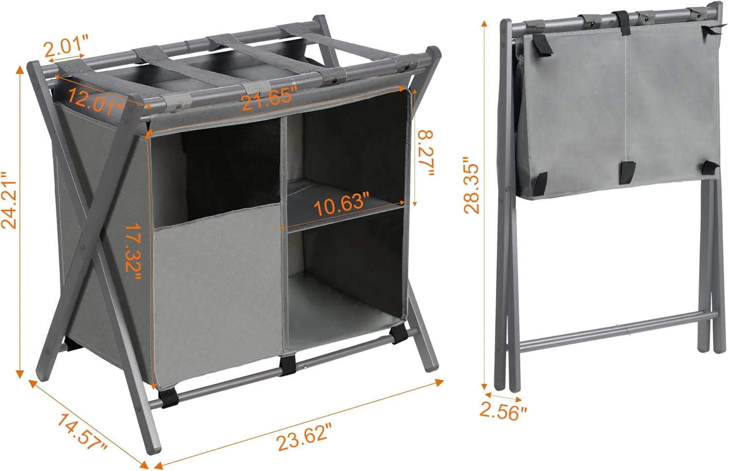 Heybly Luggage Rack with Laundry Bag,Pack of 2,Steel Folding Suitcase Stand with Storage Shelf for Bedroom, Hotel, Foldable Steel Frame, Gray,HLR006G2