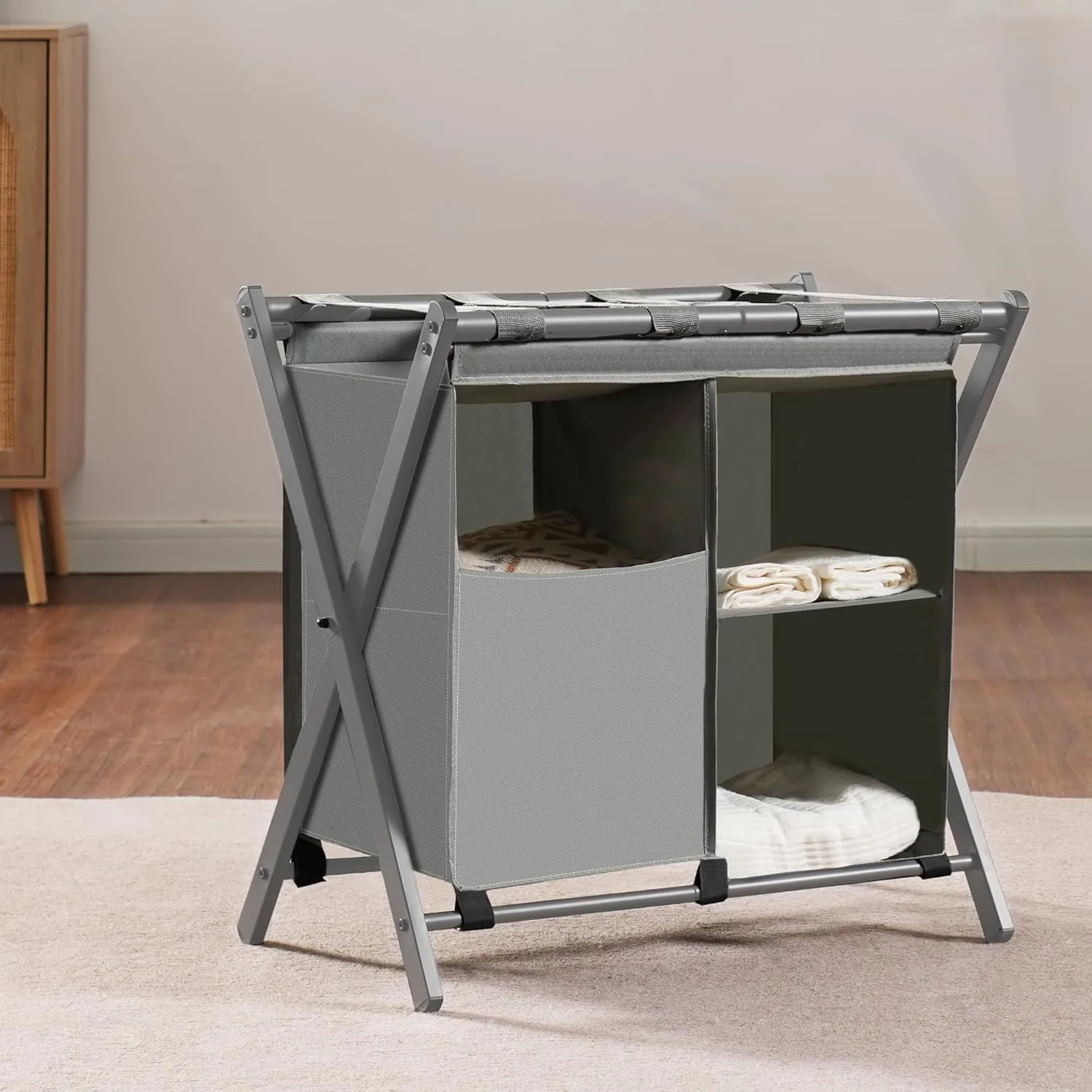 Heybly Luggage Rack with Laundry Bag,Pack of 2,Steel Folding Suitcase Stand with Storage Shelf for Bedroom, Hotel, Foldable Steel Frame, Gray,HLR006G2