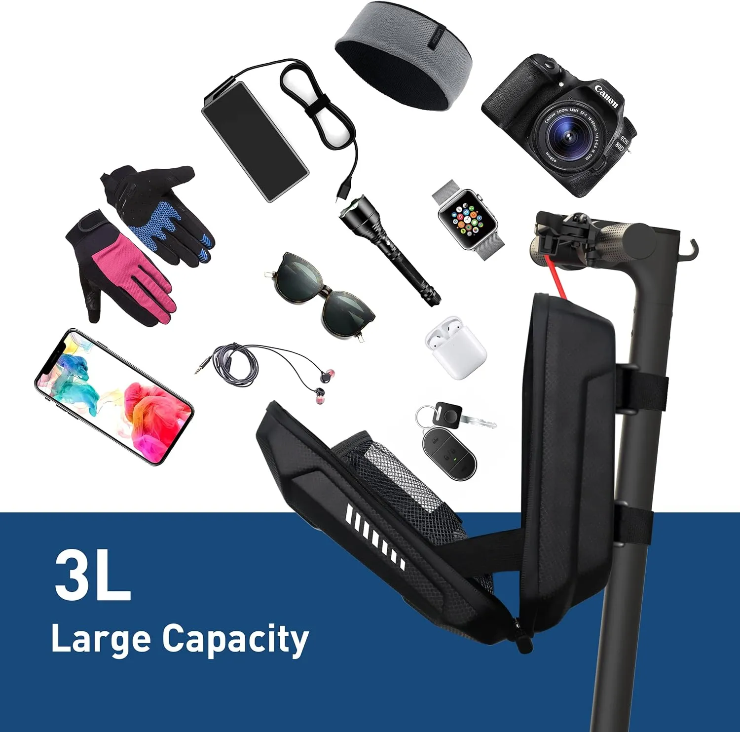 Hiboy Scooter Storage Bag, 3L/4L Large Capacity Scooter Handlebar Bag, Front Hanging Bag for Electric Scooter/Electric Bike, for Carrying Chargers, Phone, Keys with Waterproof Hardshell EVA Material