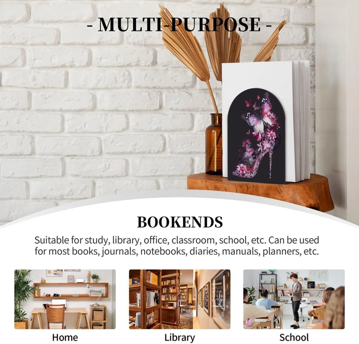 High Heels Flowers Butterfly Large Wooden Bookends Decorative Bookend Non-Slip Heavy Duty Book Ends for Office Desk Home Office Library School Study Decoration Book Dividers for Shelves,1 Pair