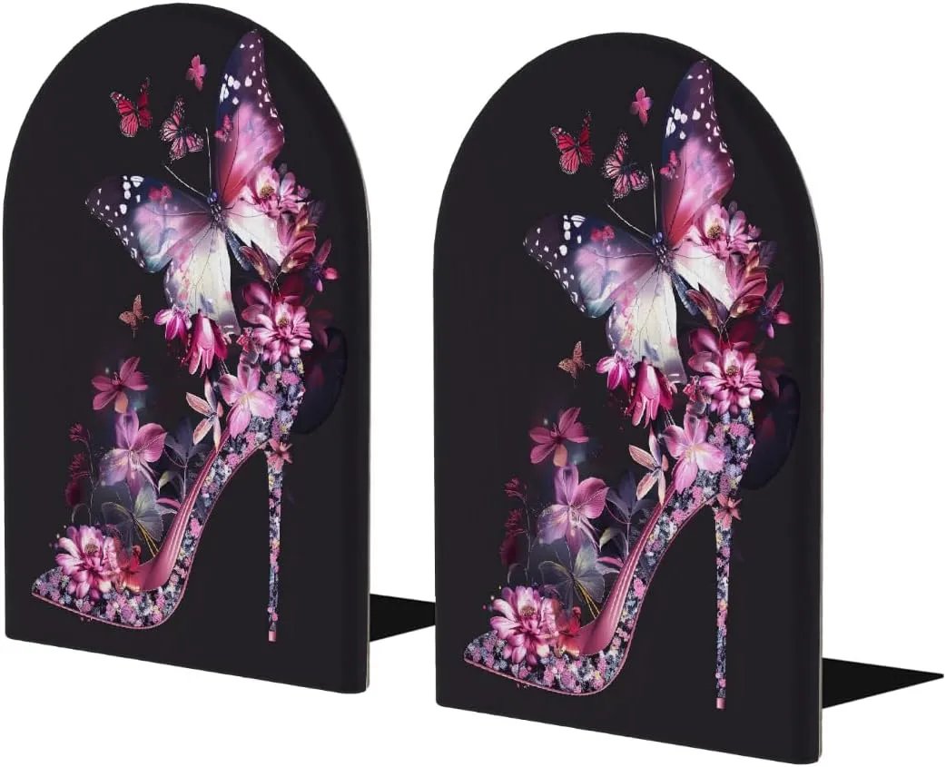 High Heels Flowers Butterfly Large Wooden Bookends Decorative Bookend Non-Slip Heavy Duty Book Ends for Office Desk Home Office Library School Study Decoration Book Dividers for Shelves,1 Pair