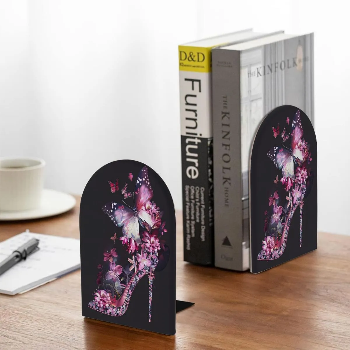High Heels Flowers Butterfly Large Wooden Bookends Decorative Bookend Non-Slip Heavy Duty Book Ends for Office Desk Home Office Library School Study Decoration Book Dividers for Shelves,1 Pair